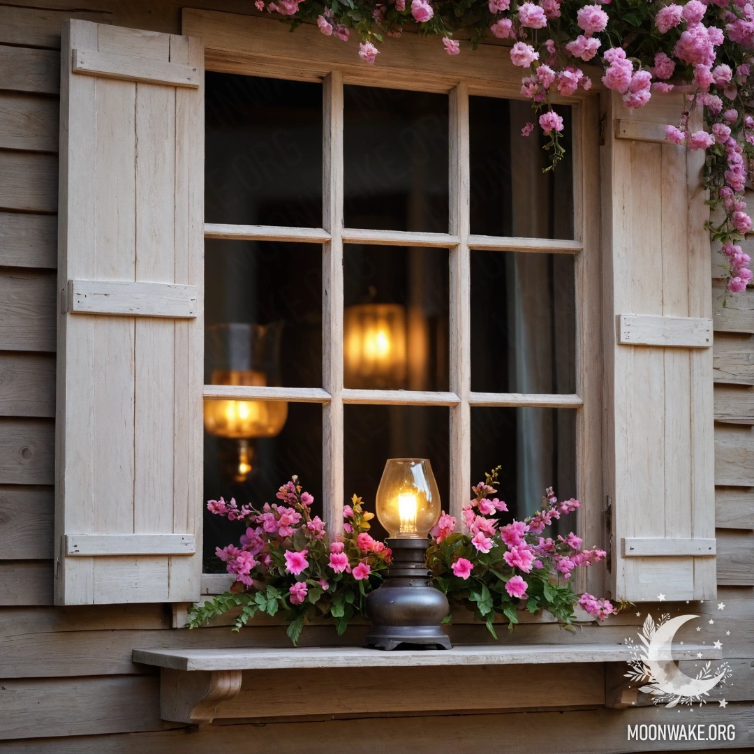 A shabby wooden window adorned with pink flowers and a hanging kerosene lamp.