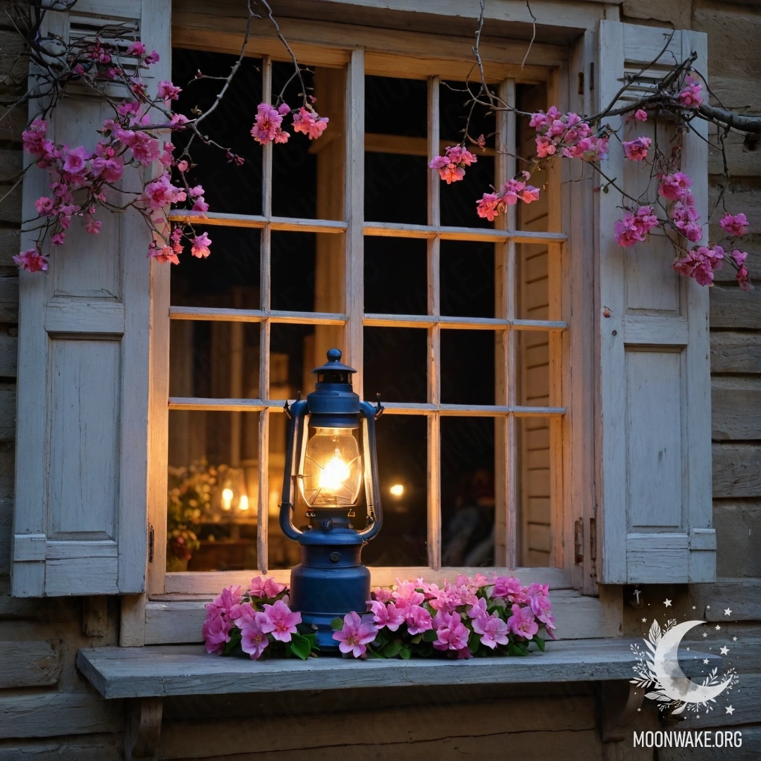 A shabby wooden window with shutters illuminated by a kerosene lamp, surrounded by a branch of pink flowers at night.