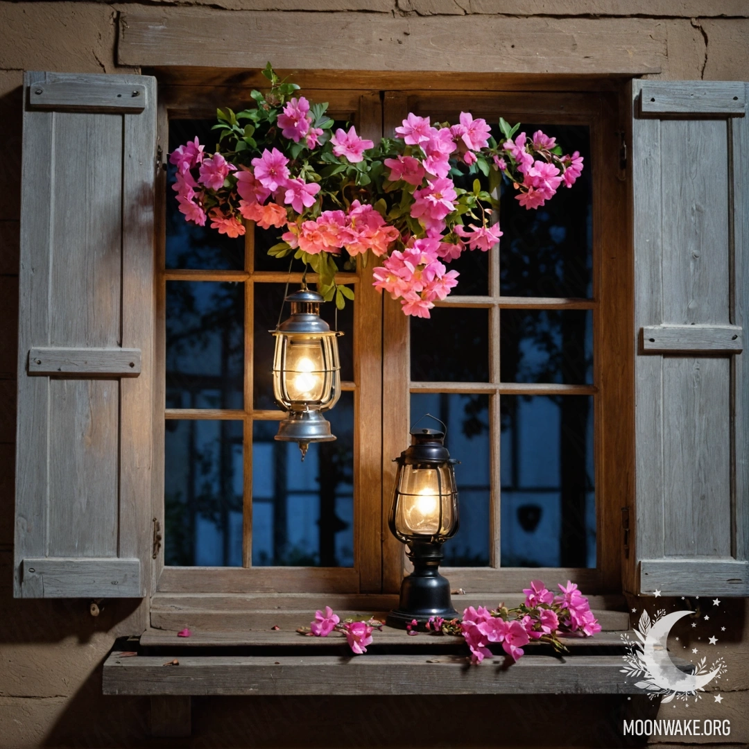 A shabby wooden window at night with a kerosene lamp and pink flowers.