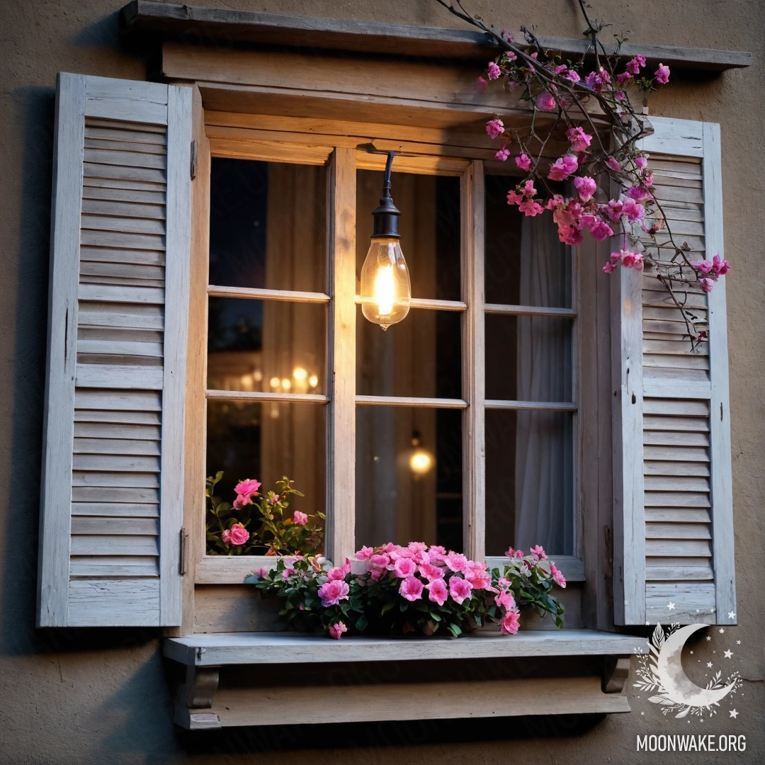 Serene Night Window with Pink Blossoms A shabby wooden window with shutters, adorned by pink flowers, under the glow of a kerosene lamp at night.