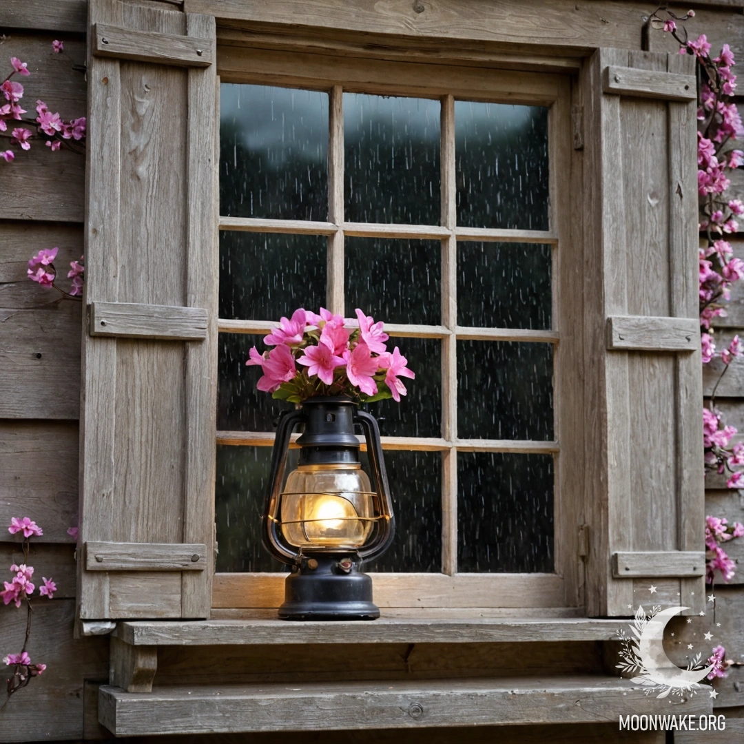 A shabby wooden window and shutters with a kerosene lamp above them, adorned with pink flowers and rain.