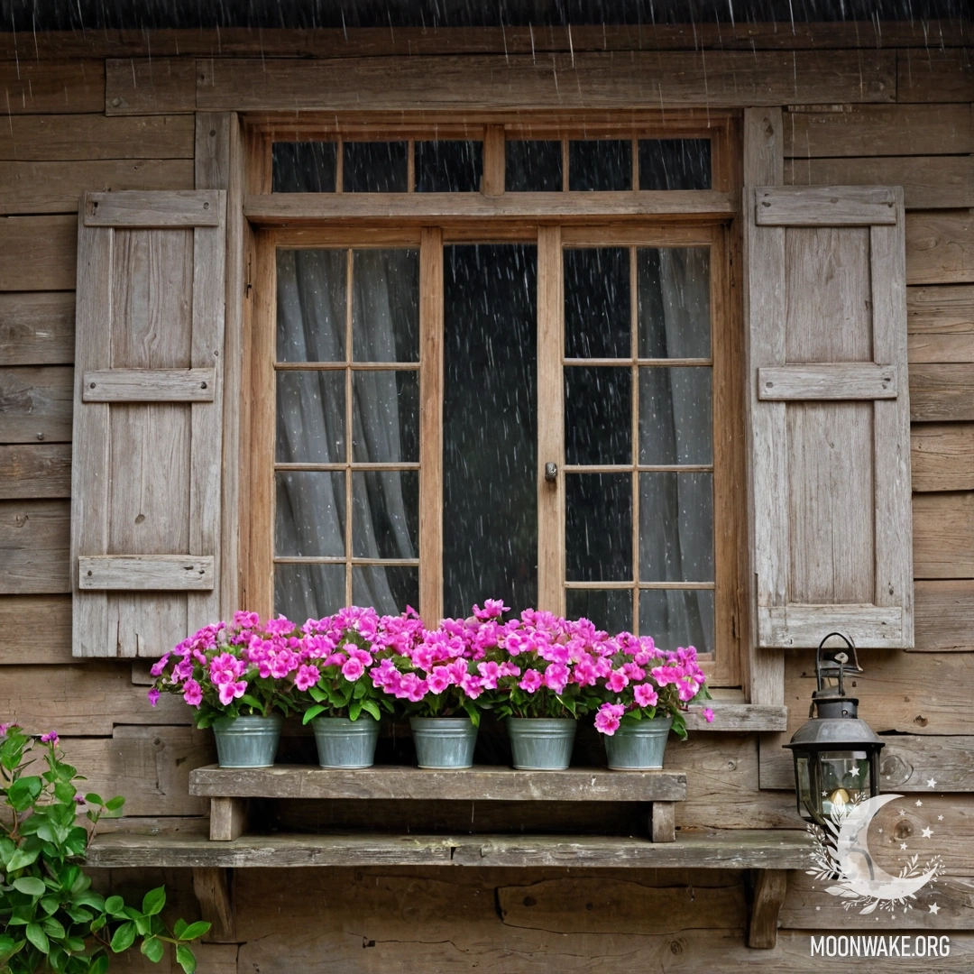 A shabby wooden window with pink flowers and a kerosene lamp, framed by rain.
