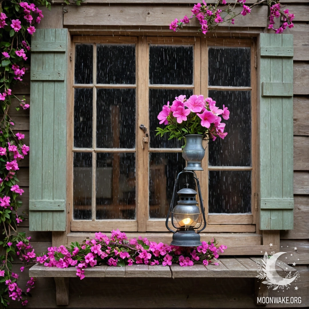 Rustic Window with Pink Flowers in the Rain A shabby wooden window with shutters, a kerosene lamp hanging above it, and a branch with pink flowers curling around the window during the rain.