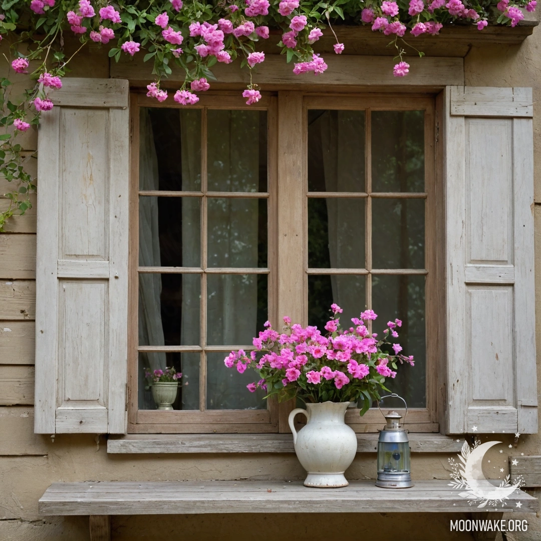 A shabby wooden window adorned with pink flowers and a kerosene lamp overhead.
