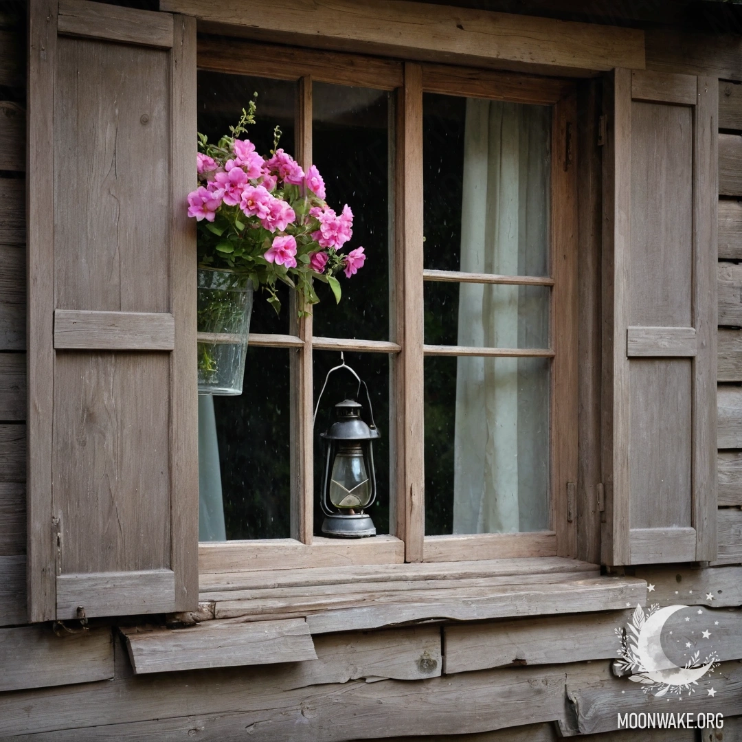 Rainy Window with Pink Flowers A shabby wooden window with shutters, adorned by pink flowers and a kerosene lamp above, in the rain.