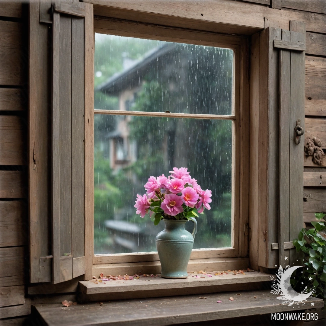 A shabby wooden window surrounded by rain and pink flowers, with a kerosene lamp above it.