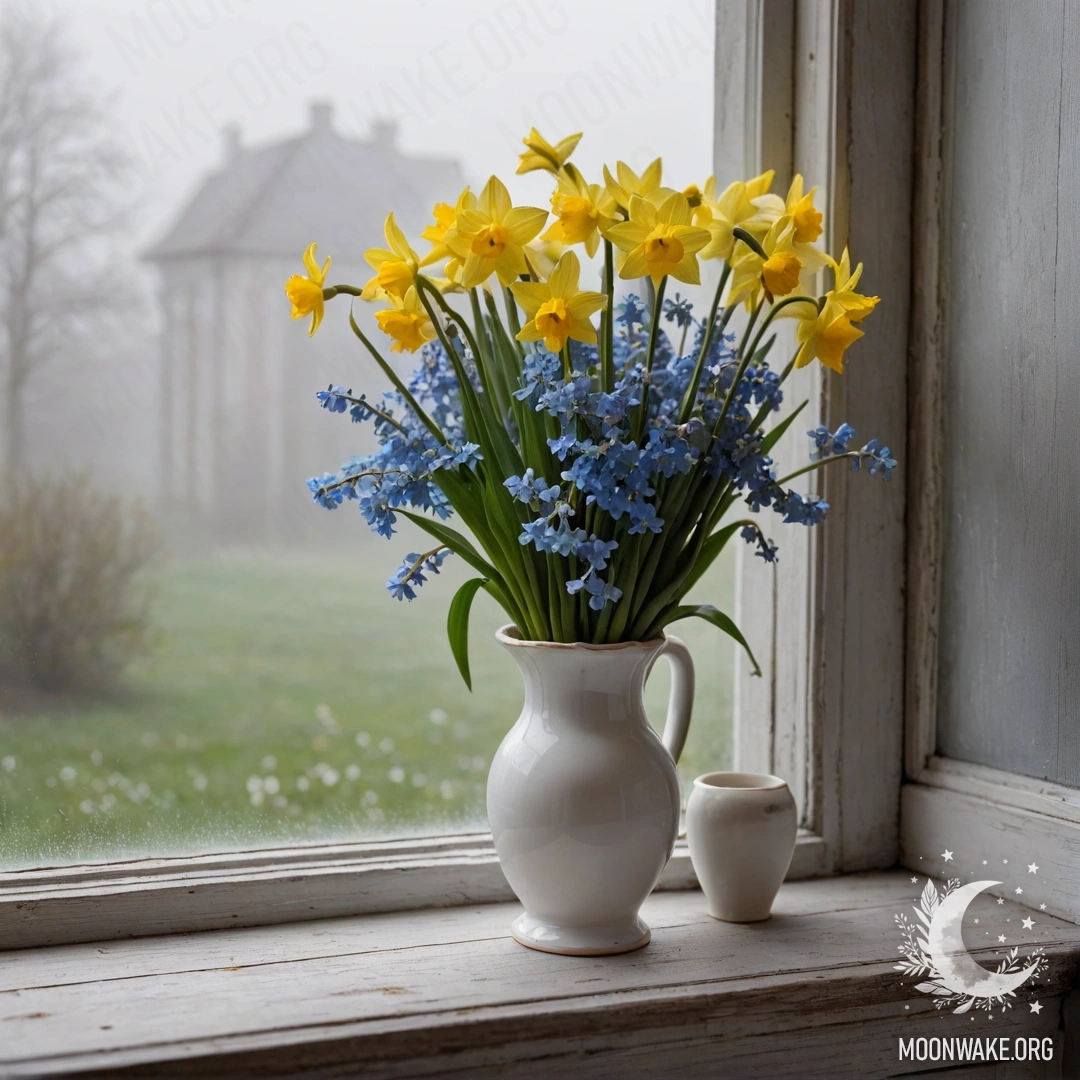 A view of a shabby wooden window sill with a white porcelain vase holding yellow daffodils and blue forget-me-nots, surrounded by dense mist.