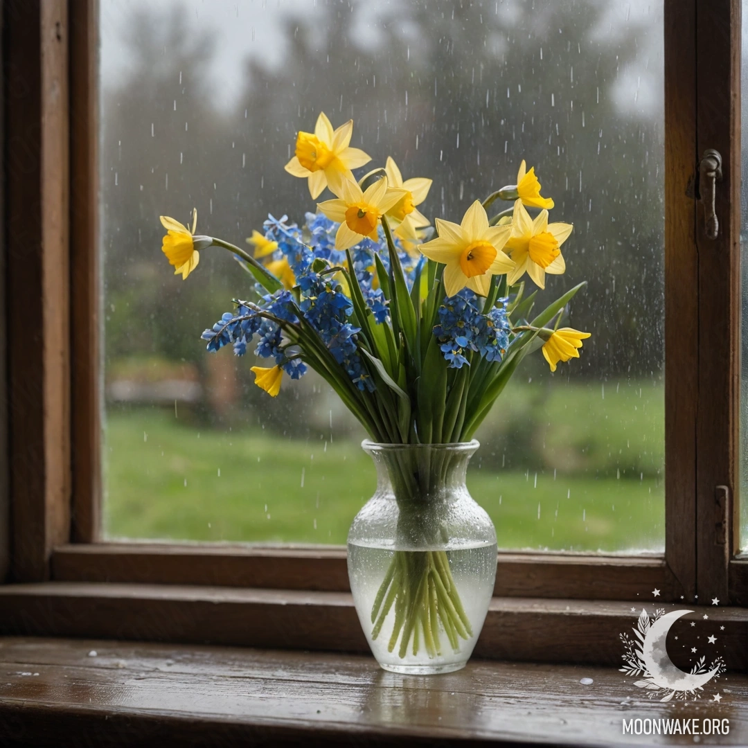 A shabby wooden window sill with a porcelain vase holding daffodils and forget-me-nots in the rain.