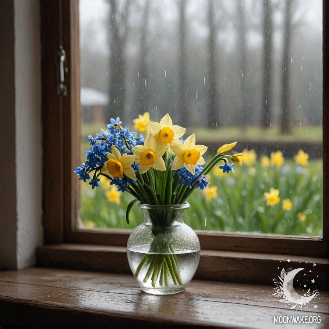 A weathered wooden window sill adorned with a white porcelain vase holding daffodils and forget-me-nots, amidst falling rain.