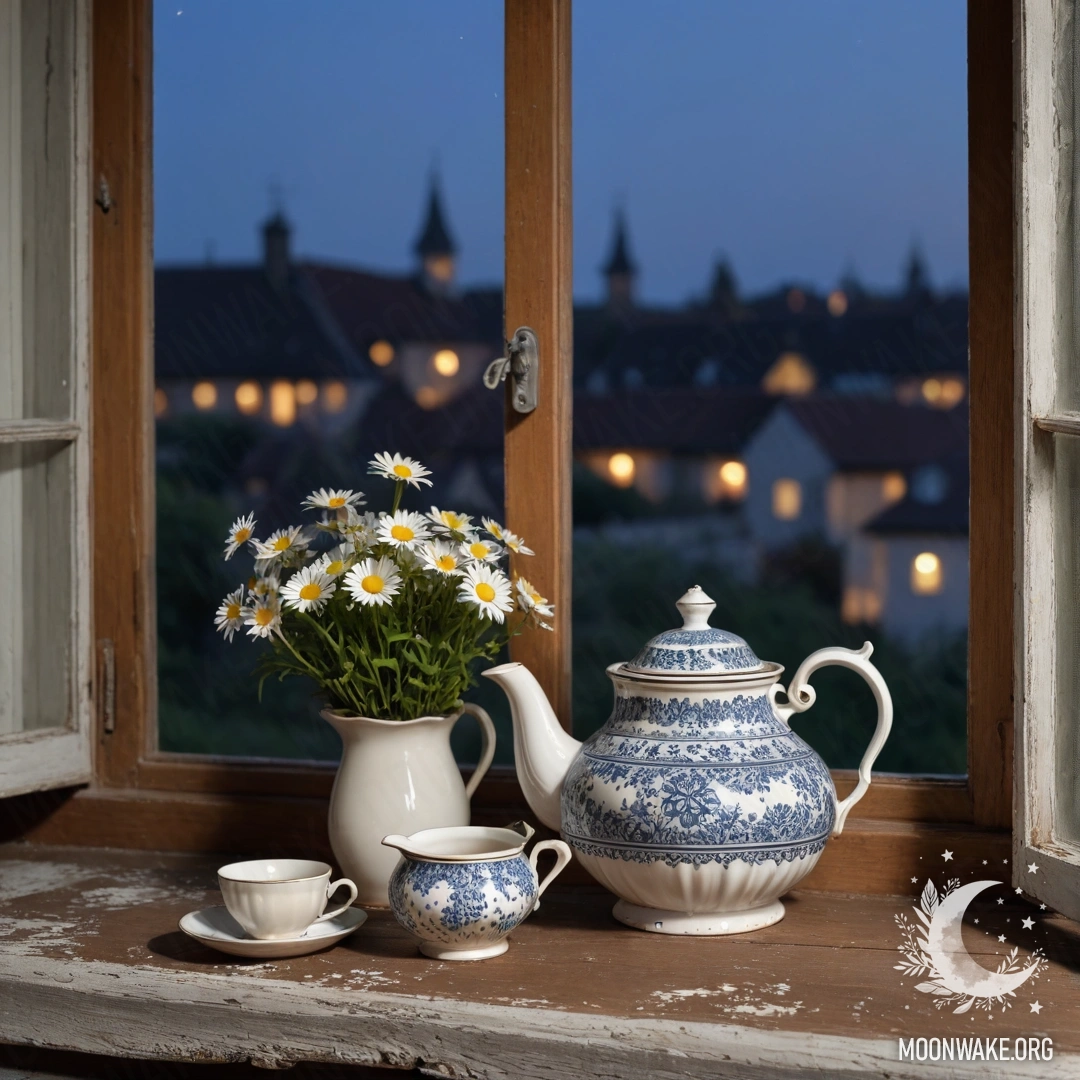A shabby wooden window sill at night with a patterned metal teapot and daisies.