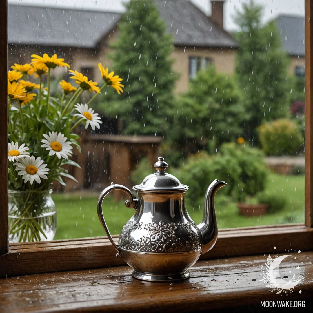 A photorealistic image of a shabby wooden window sill with a patterned metal teapot and daisies in the rain.