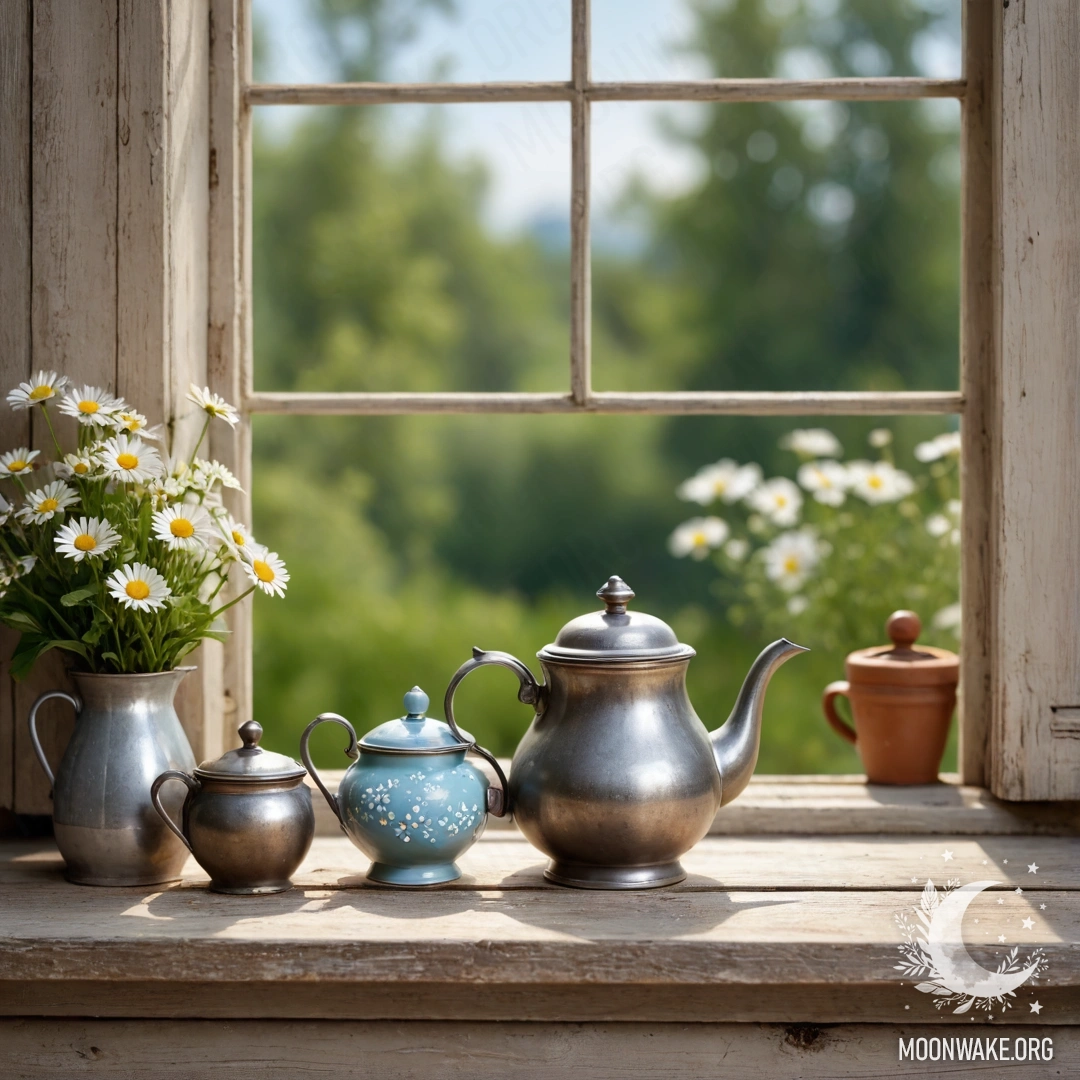 A shabby wooden window sill with a decorative metal teapot and daisies