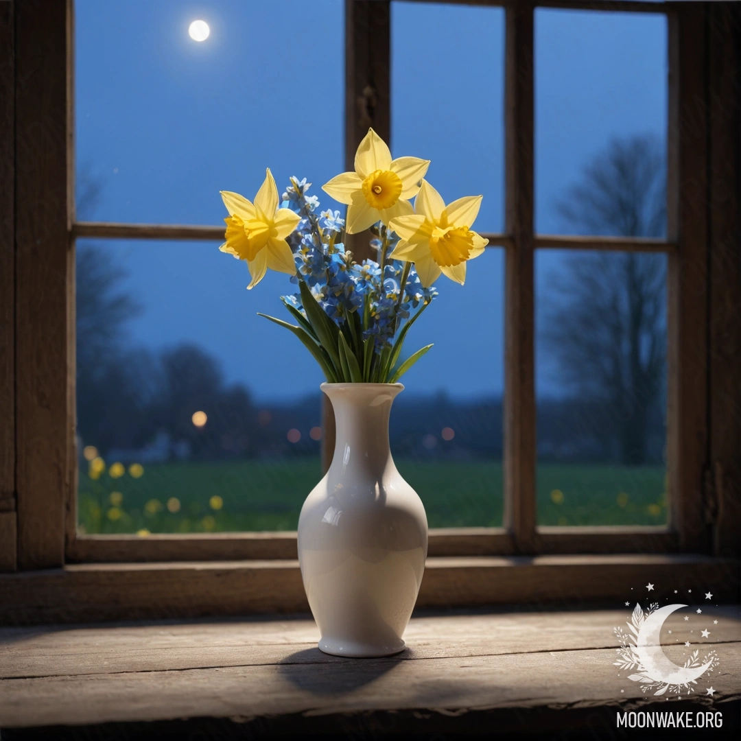 A shabby wooden window sill with a white porcelain vase containing daffodils and forget-me-nots at night.