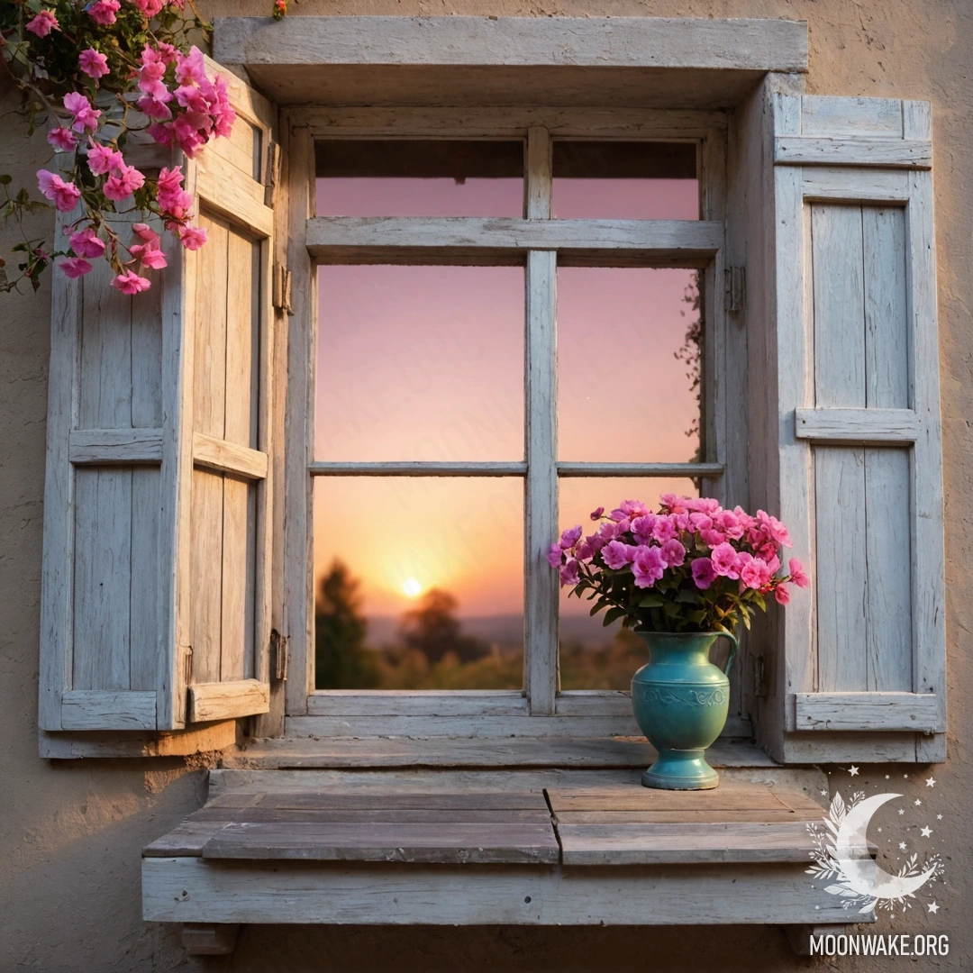 Romantic Wooden Window at Sunset A shabby wooden window with shutters, a kerosene lamp hanging above, and a branch of pink flowers curling around the window during sunset.