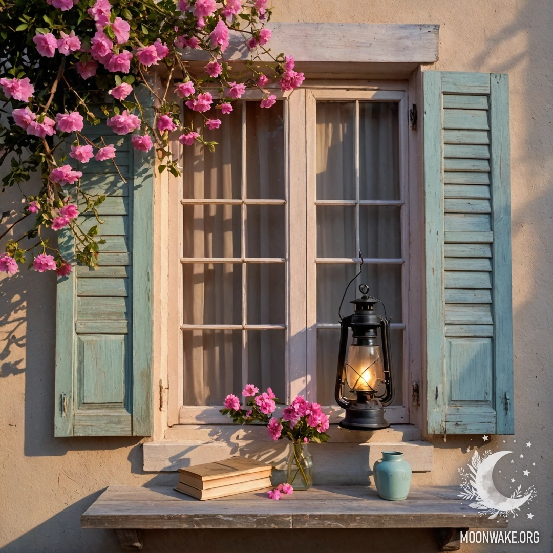 A shabby wooden window with shutters, a kerosene lamp, and pink flowers at sunset.