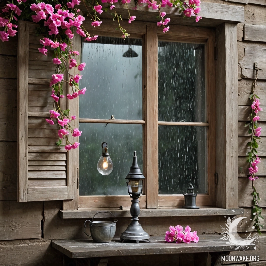 A shabby wooden window with pink flowers and a kerosene lamp.