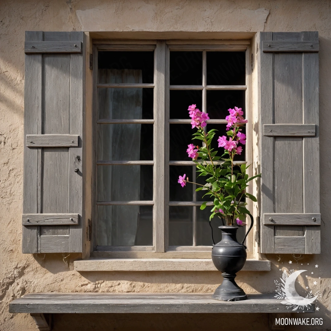 A photorealistic depiction of a shabby wooden window adorned with a kerosene lamp and pink flowers in the rain.