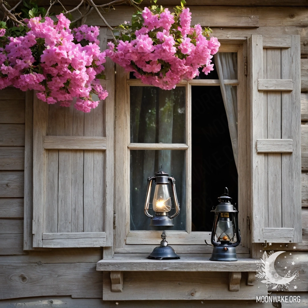 A rundown wooden window framed by shutters and a pink-flowered branch, with a kerosene lamp above it.