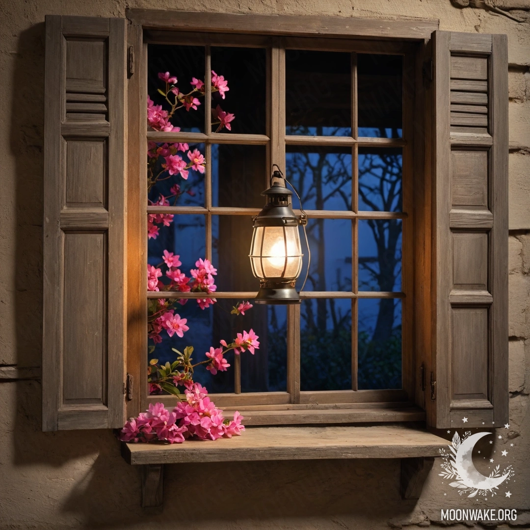 A shabby wooden window adorned with pink flowers and a kerosene lamp overhead at night.