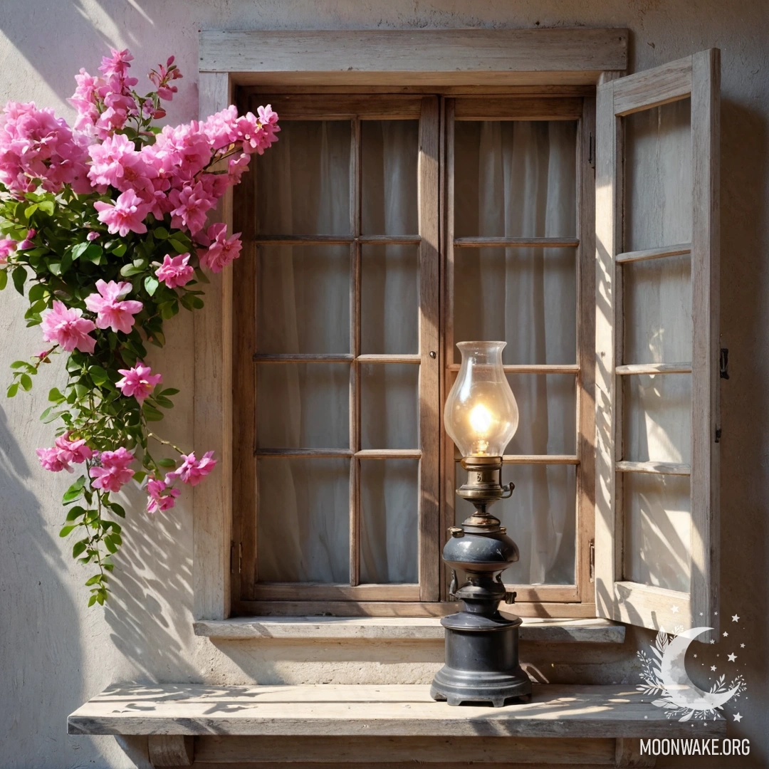 Rustic Window with Blooming Branch A shabby wooden window with shutters and a kerosene lamp, adorned with pink flowers in sunlight.