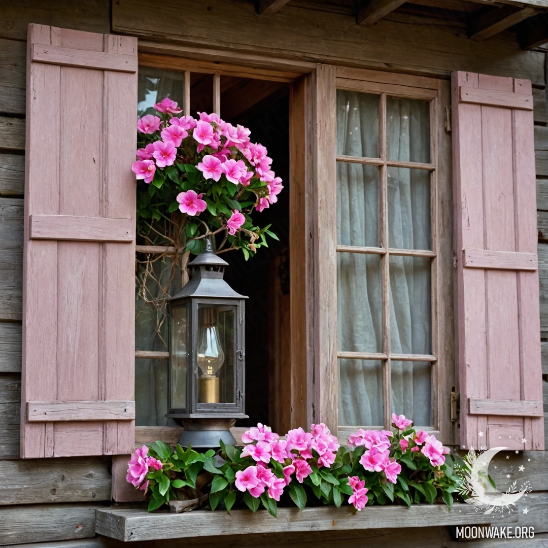 An abstract shabby wooden window with shutters, a kerosene lamp above, and pink flowers curling around the window.