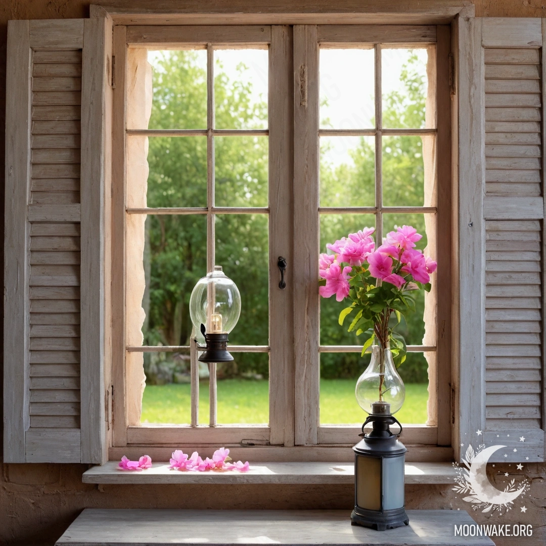 Charming Shabby Window with Flowers A shabby wooden window with shutters, decorated with pink flowers and a kerosene lamp above, illuminated by sun rays.