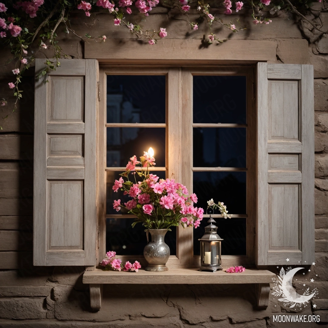 A shabby wooden window with shutters adorned by a kerosene lamp and delicate pink flowers at night.