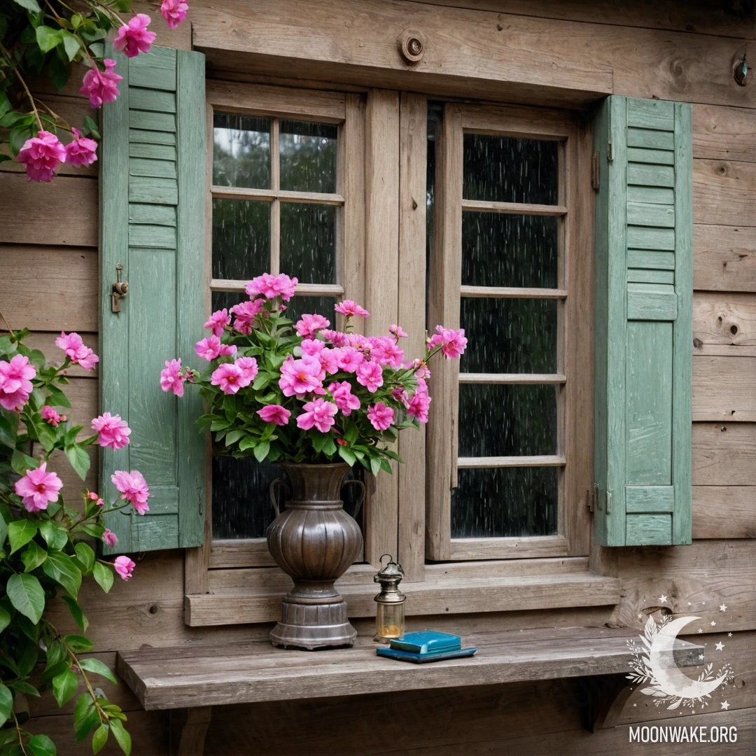 Shabby Wooden Window with Blossoms Under Rain A photorealistic depiction of a shabby wooden window and shutters adorned with a kerosene lamp and pink flowers entwined around it, set against a rainy backdrop.