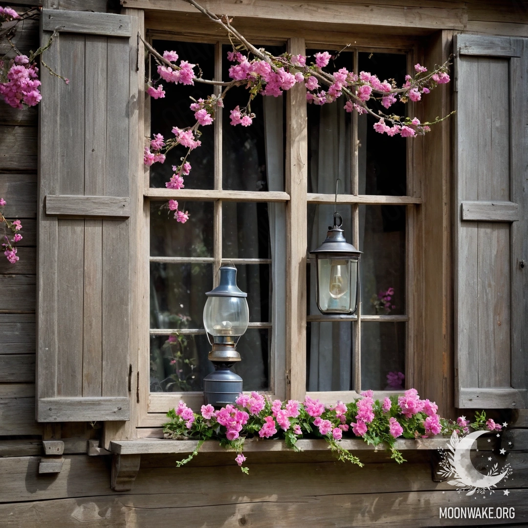 Rustic Window with Blossoms A shabby wooden window draped with pink flowers and a kerosene lamp above it.