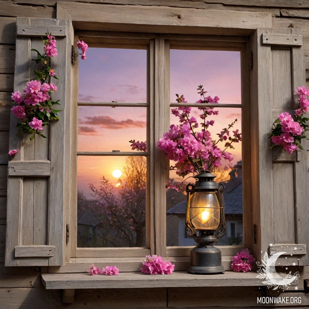 A shabby wooden window with shutters and a kerosene lamp hanging above it, adorned with a branch of pink flowers at sunset.