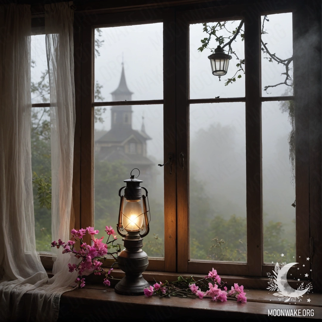 Shabby Wooden Window with Kerosene Lamp A shabby wooden window with shutters and a kerosene lamp, surrounded by dense fog and pink flowers.