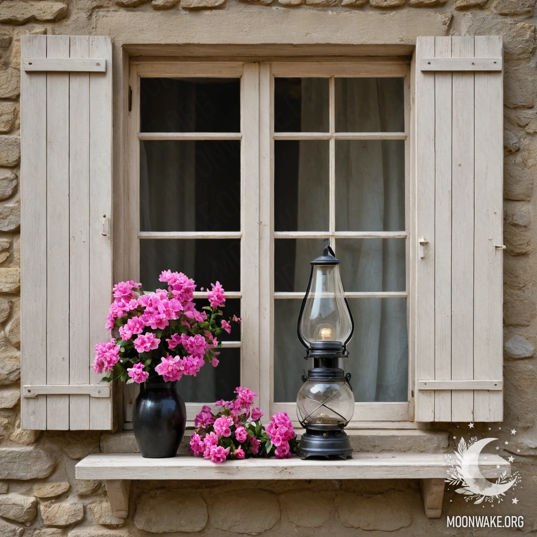 A shabby wooden window with pink flowers and a kerosene lamp above.