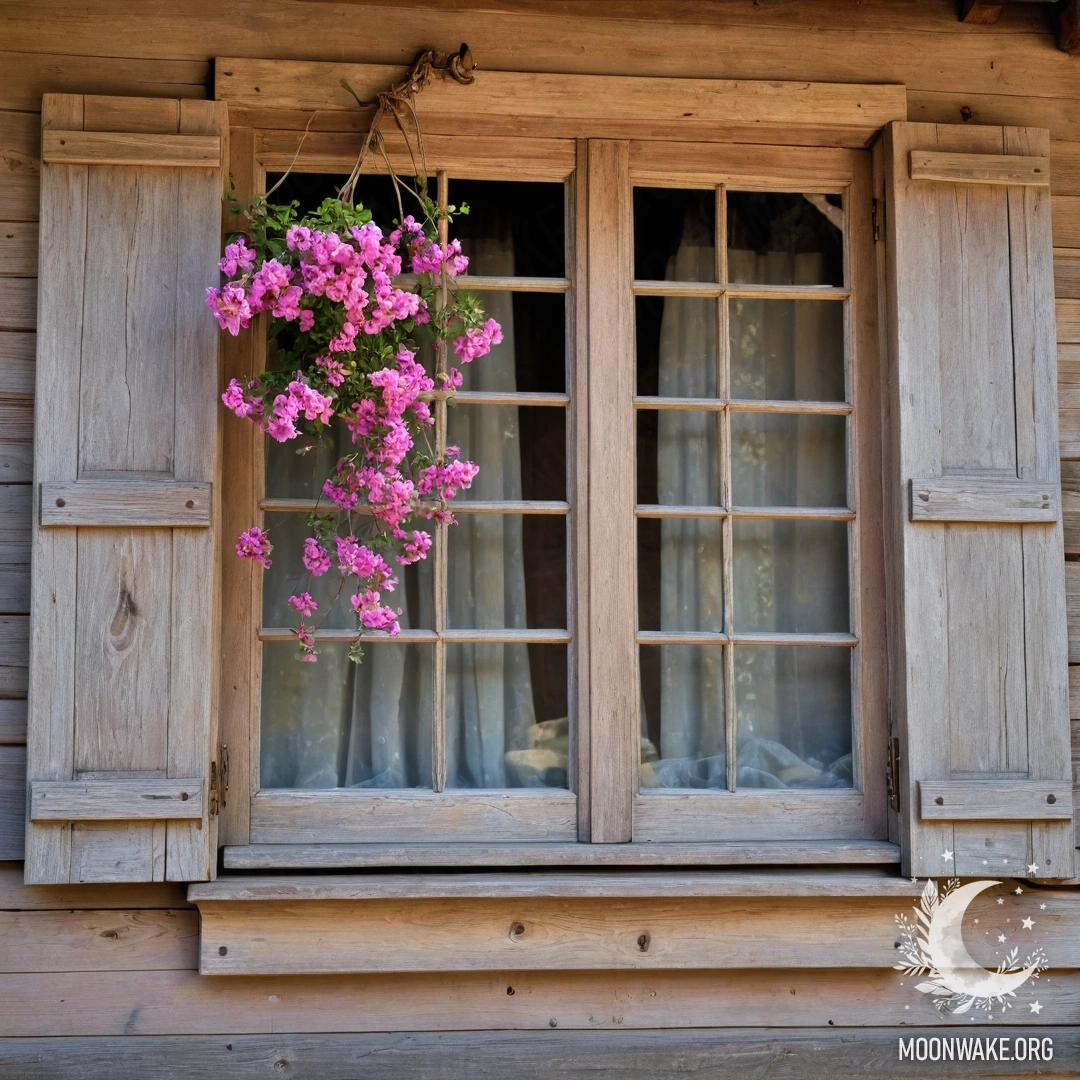 Rustic Window with Pink Blossoms A shabby wooden window with shutters, adorned by pink flowers and a kerosene lamp above, illuminated by sun rays.
