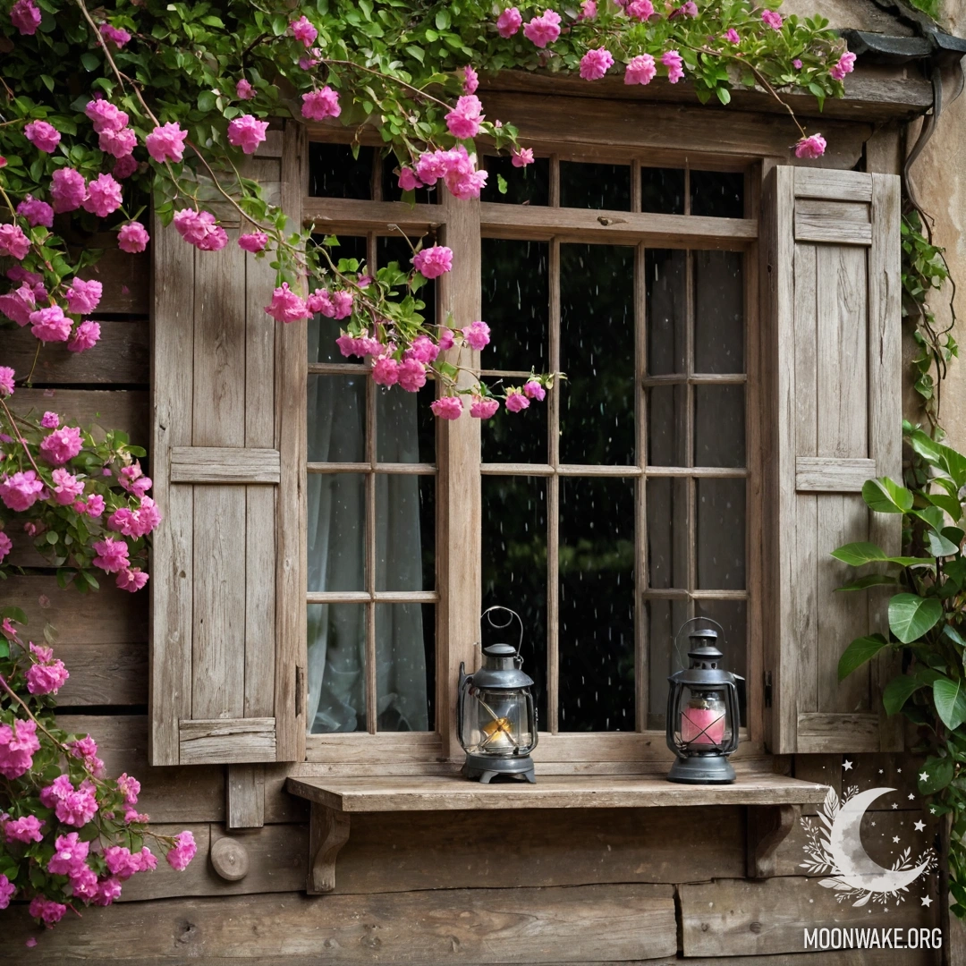A shabby wooden window and shutters with a kerosene lamp above, adorned by a branch of pink flowers under the rain.