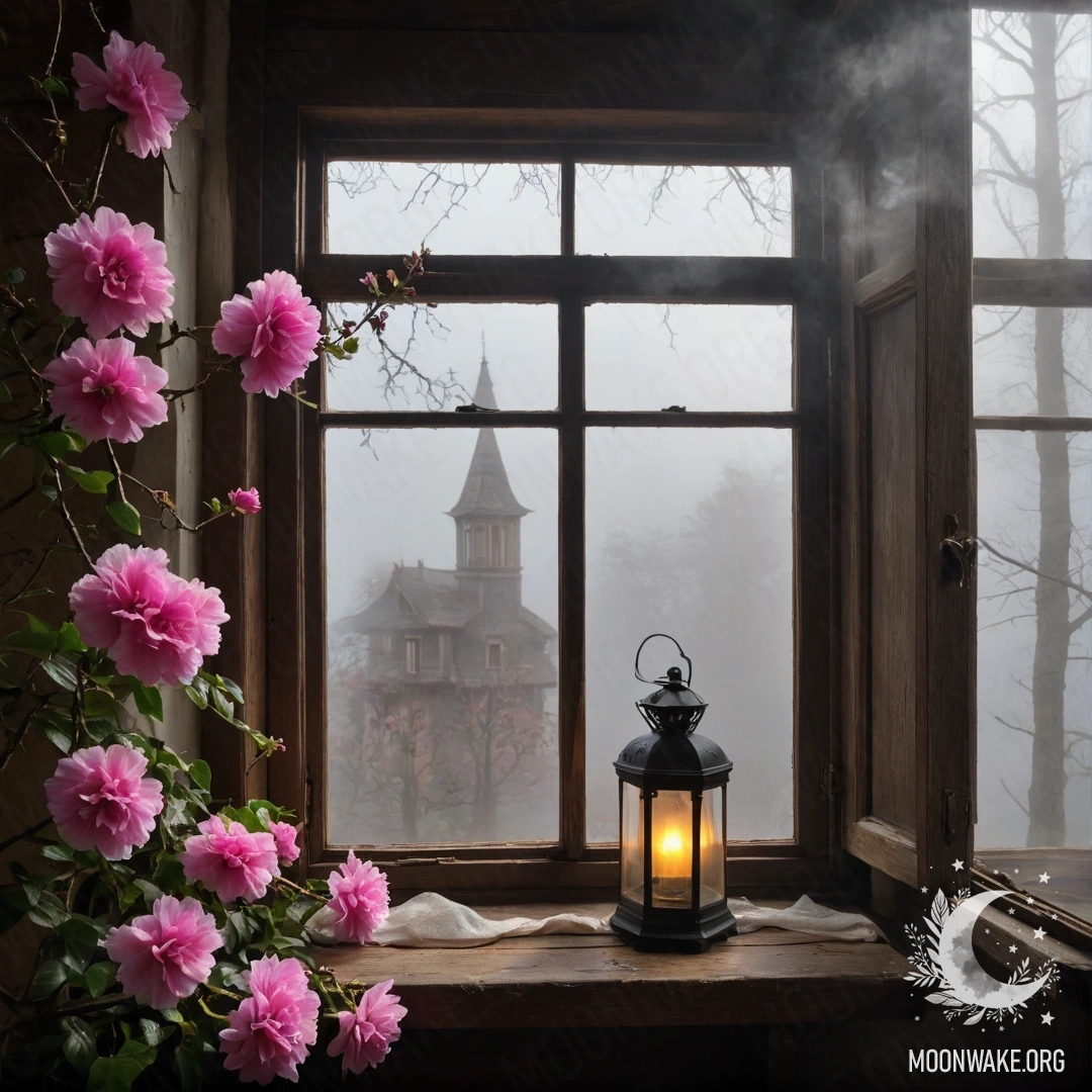 Shabby Wooden Window with Pink Flowers A shabby wooden window adorned with pink flowers, a kerosene lamp hanging above.