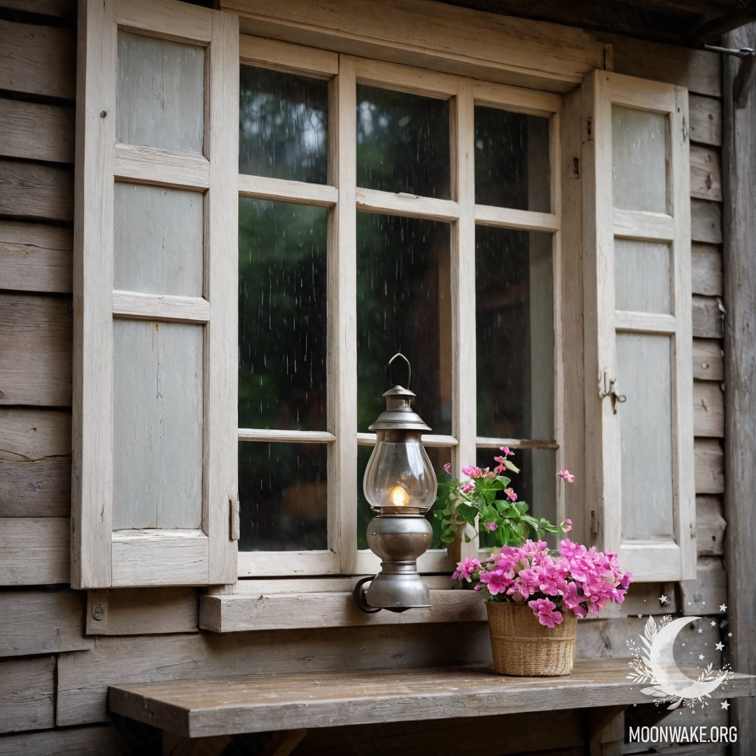 Serene Wooden Window with Pink Blossoms A shabby wooden window with shutters and a kerosene lamp above, accented by pink flowers and rain.