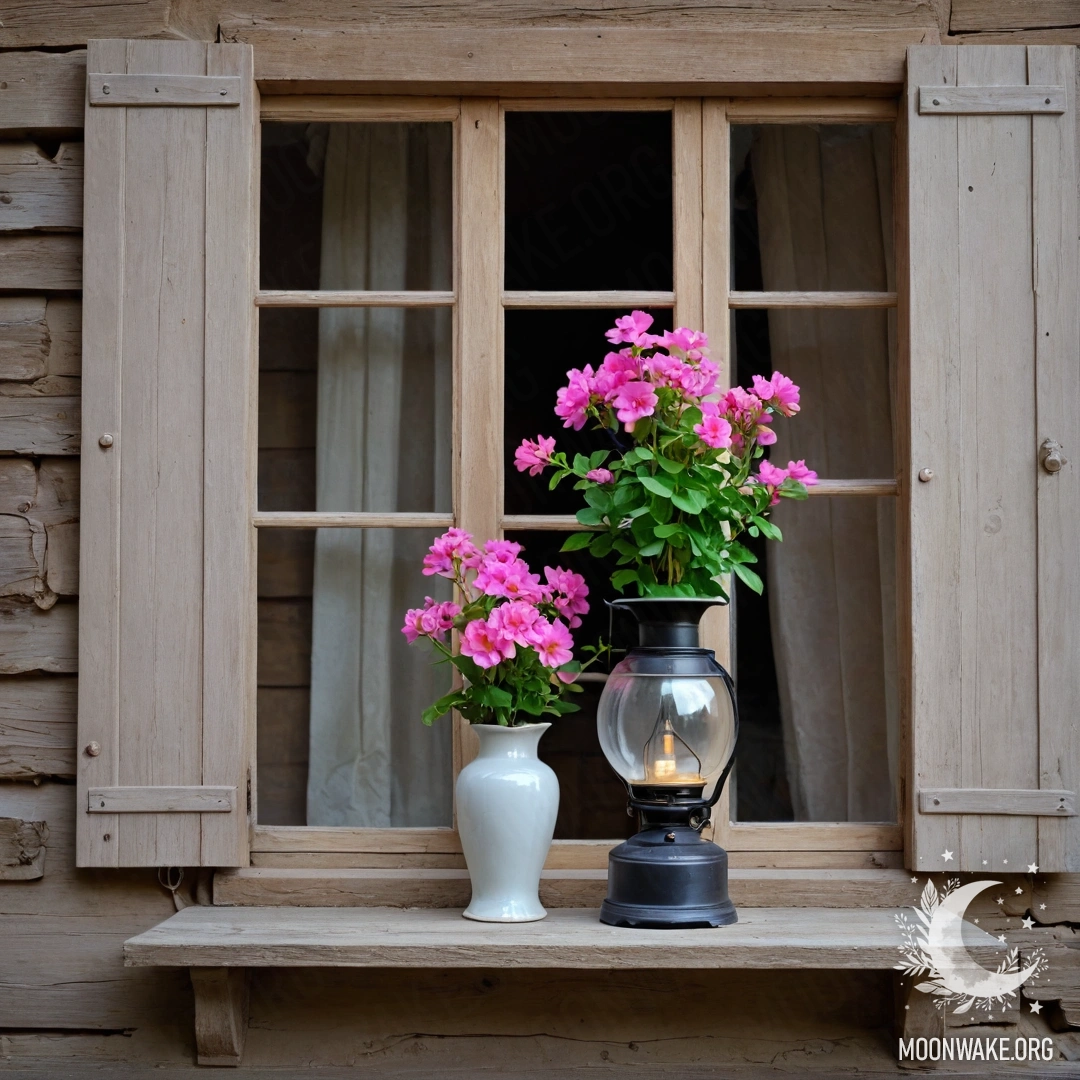 Serene Window with Pink Flowers A shabby wooden window with shutters, a kerosene lamp, and pink flowers.