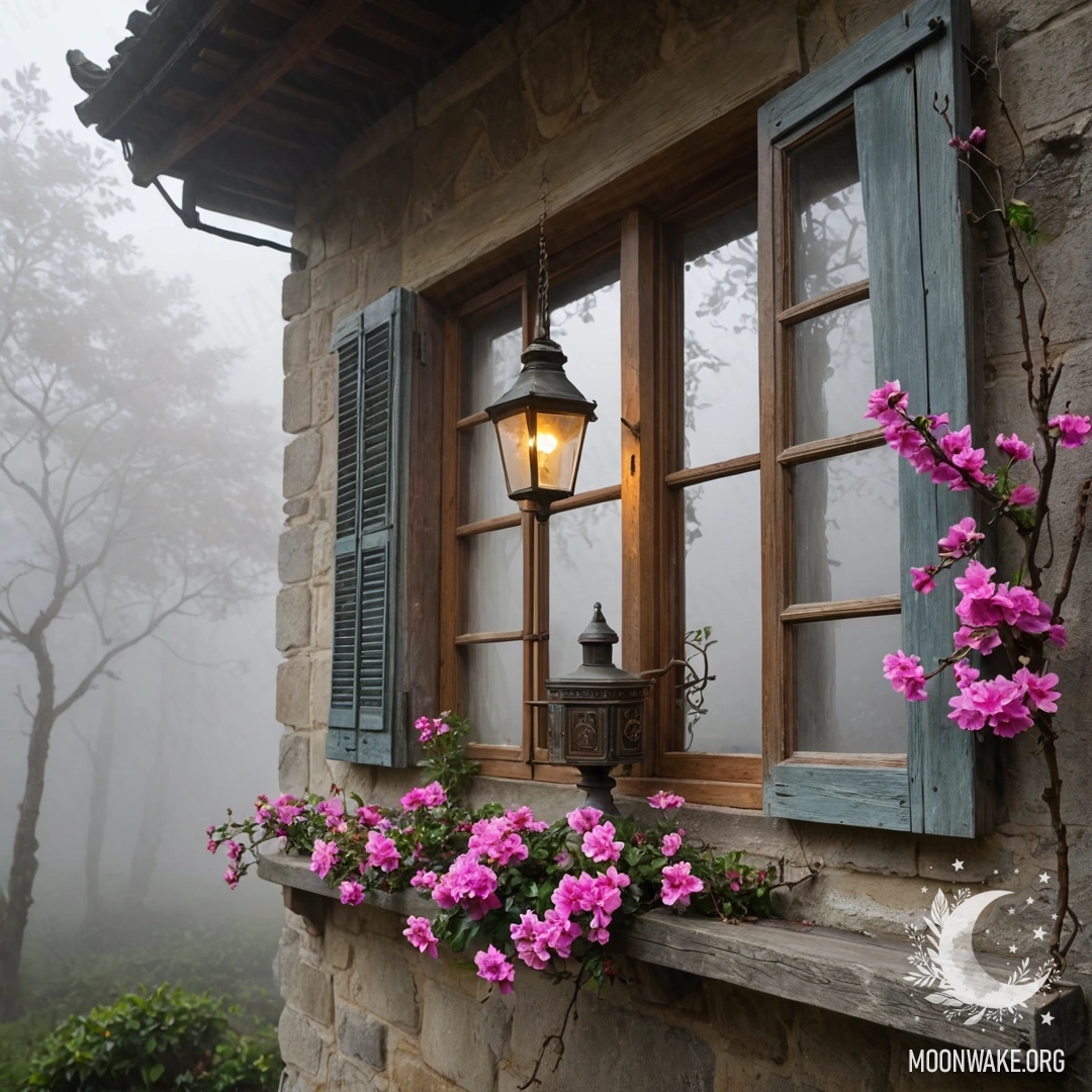 A shabby wooden window with shutters, adorned by pink flowers and a kerosene lamp above, surrounded by dense mist.