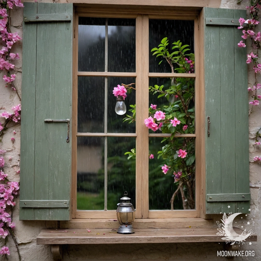 A shabby wooden window with shutters, featuring a kerosene lamp and pink flowers, surrounded by rain.