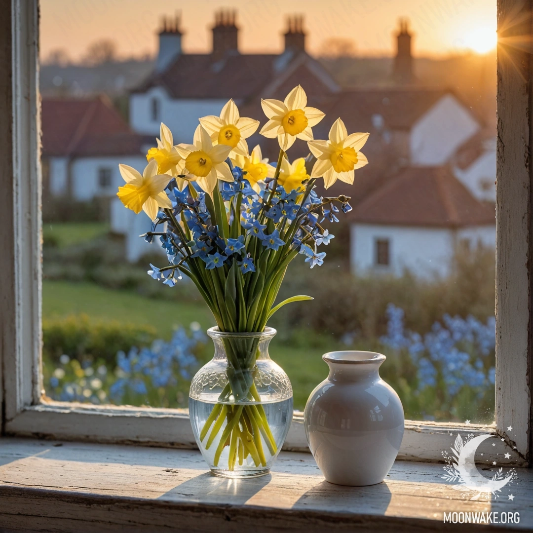 A shabby wooden windowsill with a white porcelain vase holding daffodils and forget-me-nots during sunset.