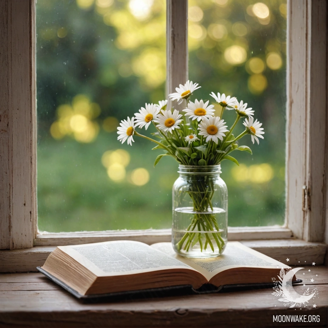 A shabby wooden windowsill holds a jar with daisies and an open book with garland light.