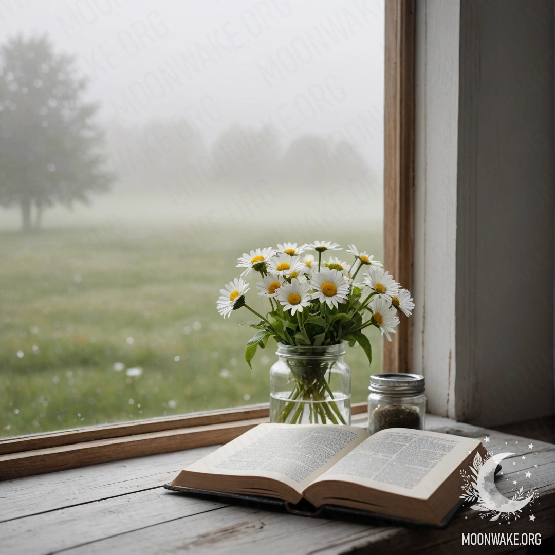 A shabby wooden windowsill adorned with a jar of daisies and an open book, surrounded by dense fog.