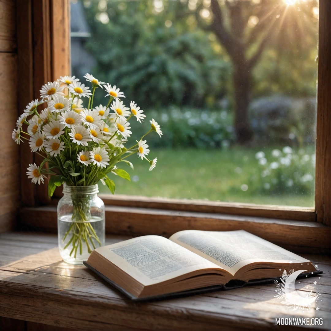 A shabby wooden windowsill adorned with a jar of daisies and an open book next to warm garland lights.