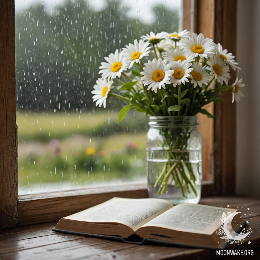 A shabby wooden windowsill with a jar of daisies and an open book on a rainy day.