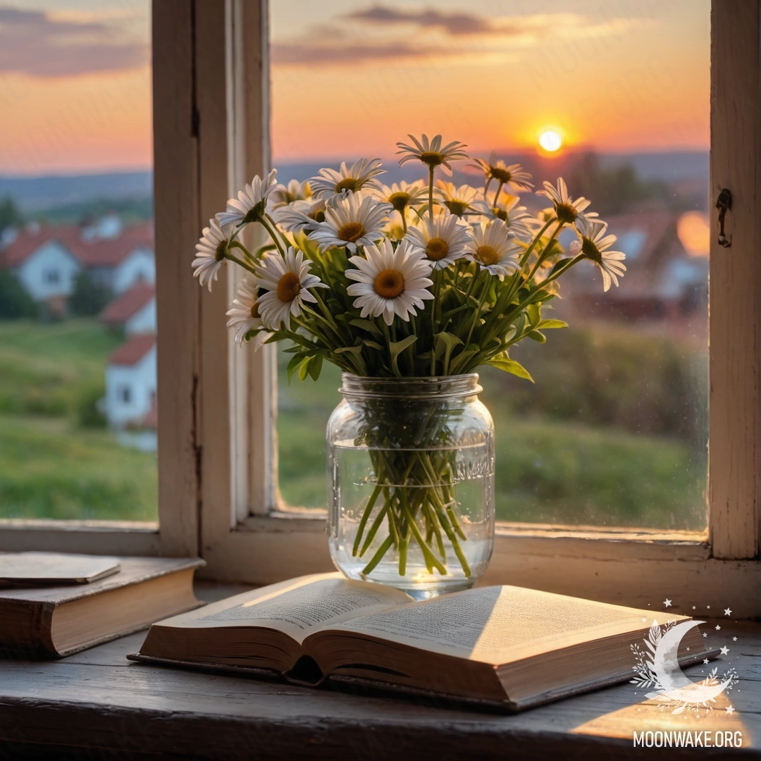 A shabby wooden windowsill with a jar of daisies and an open book at sunset.