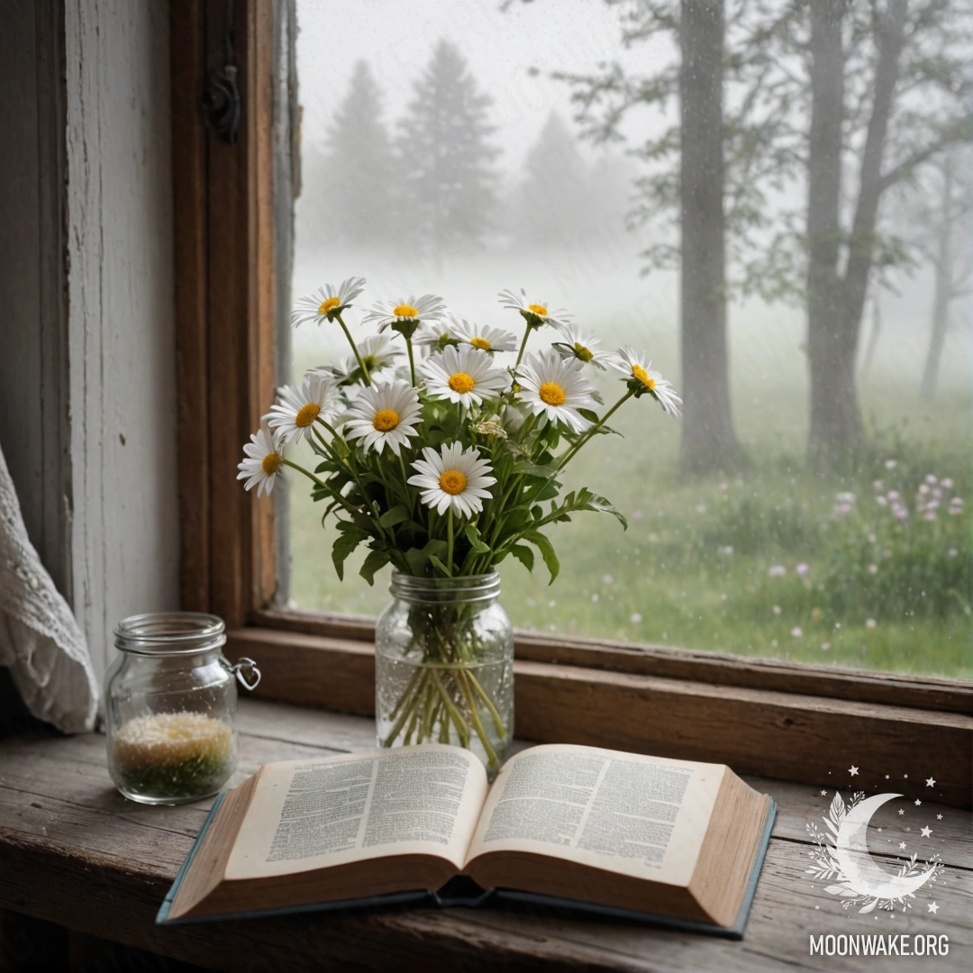 A shabby wooden windowsill with a jar of daisies and an open book in dense fog.
