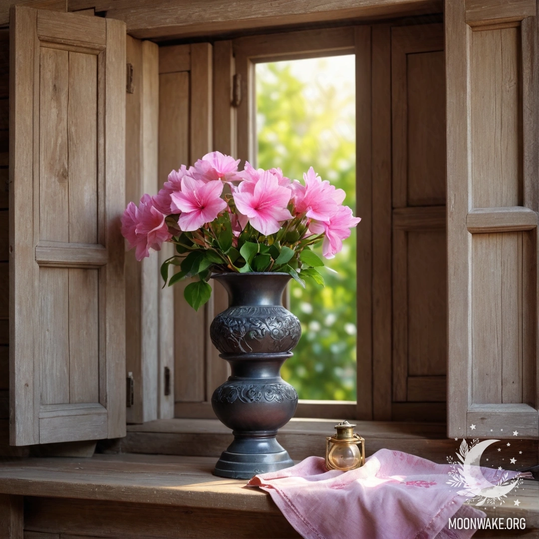 A shabby wooden windowsill decorated with a jar of daisies and an open book illuminated by sunlight.
