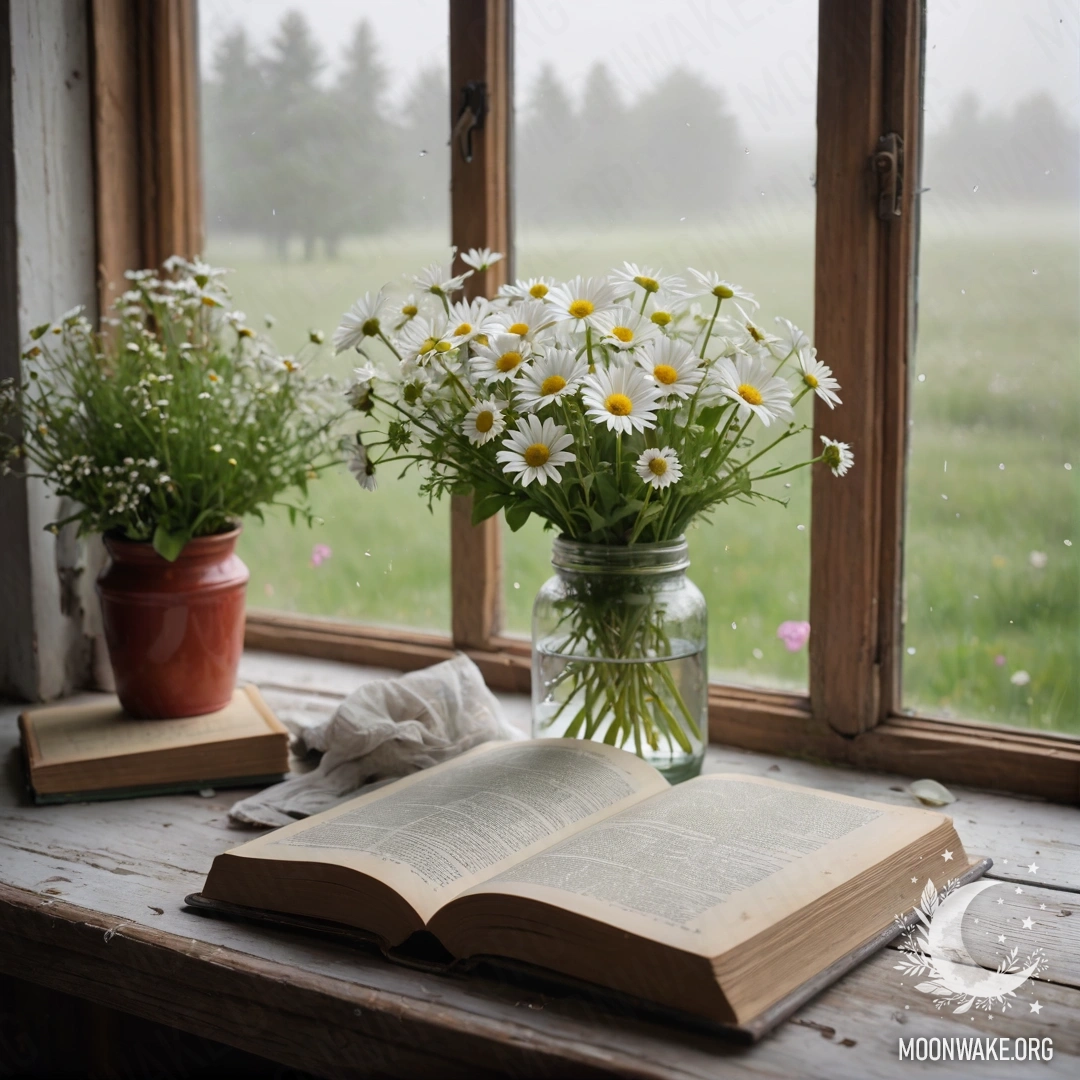 A shabby wooden windowsill adorned with a jar of daisies and an open book, shrouded in dense fog.