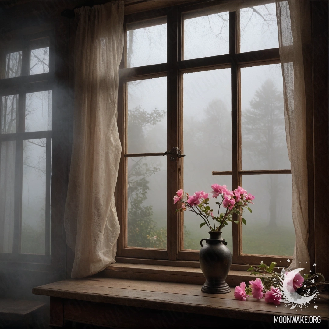 A shabby wooden windowsill with a jar of daisies and an open book at night.