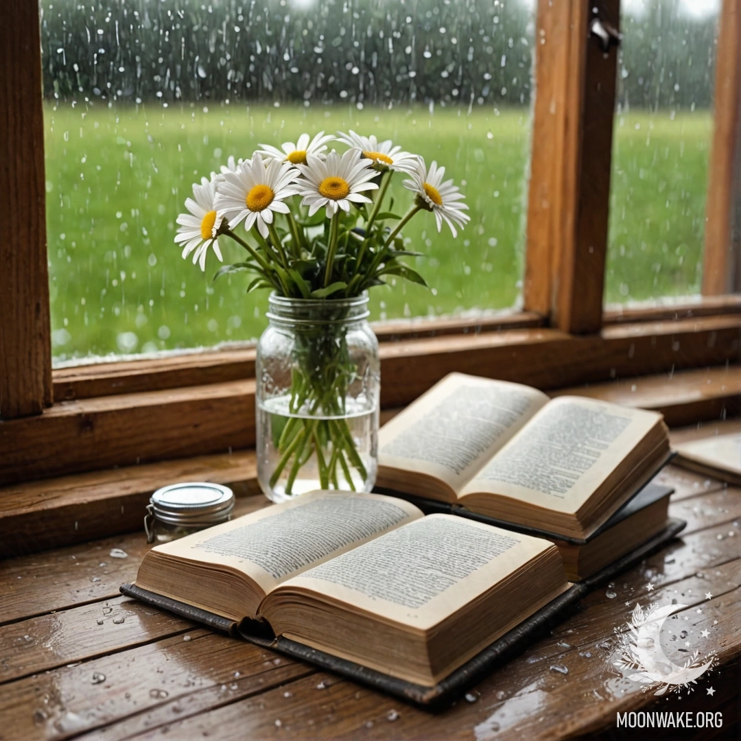 A shabby wooden windowsill with a jar of daisies and an open book under rain.